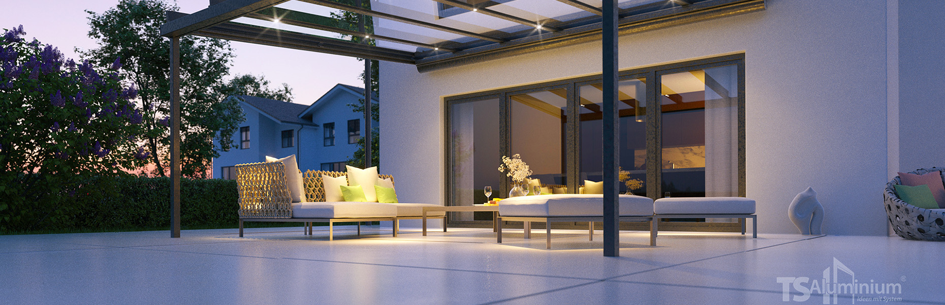 Terrassenüberdachung aus Aluminium mit moderner Stitzgarnitur