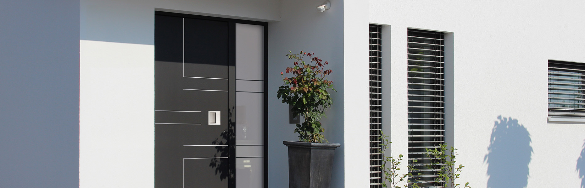 Moderne dunkle Eingangstür mit einem großen Blumentopf auf der rechten Seite