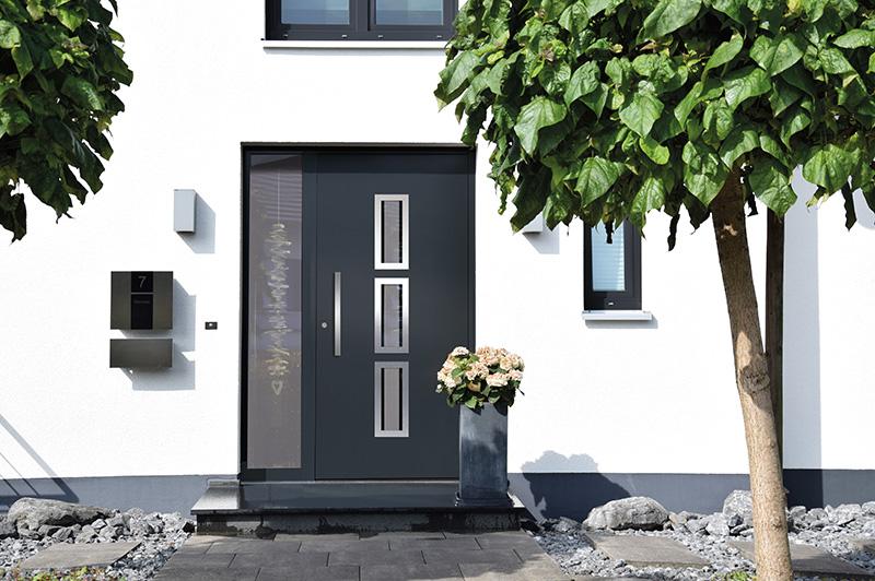 Moderne Glas-Anthrazit-Türe mit einer Treppenstufe