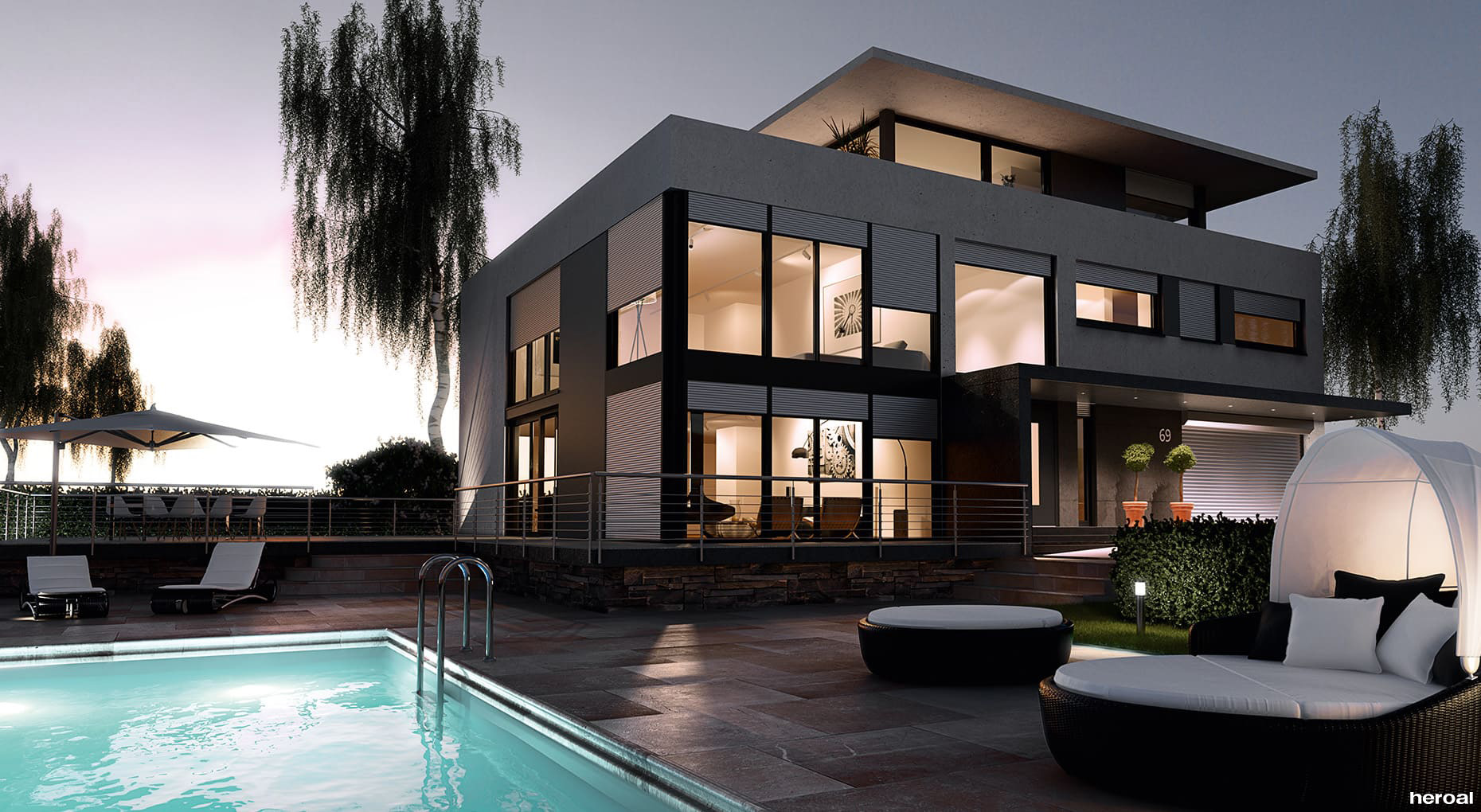 Modernes Architektenhaus mit Pool in der Abenddämmerung