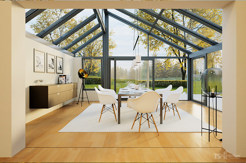 moderner Wintergarten der in den Wohnraum integriert ist, Innenansicht