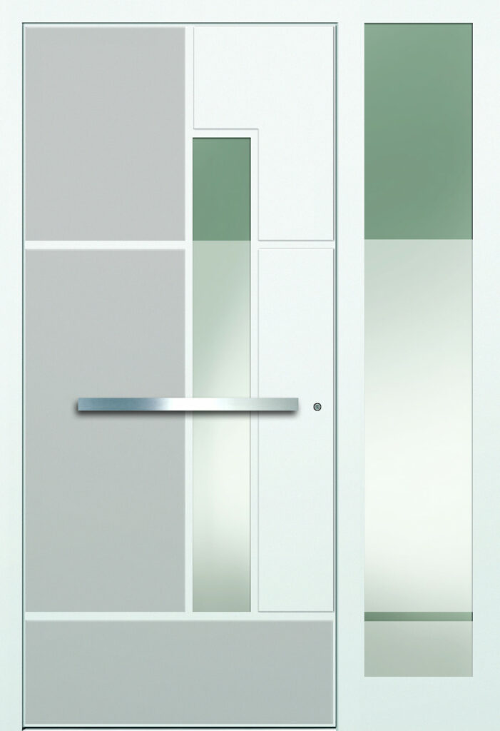 Weiße Haustür mit grauen und transparenten Glasfeldern, seitlichem Fenster und horizontalem Metallgriff