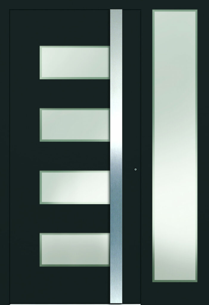 Moderne Haustür in Grau mit mattiertem Klarglas und klarem Außenfries, vertikaler Griff in Metalloptik