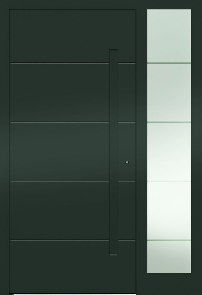 Moderne graue Haustür mit vertikalem Griff und seitlichem Fenster mit vier quadratischen Glaselementen